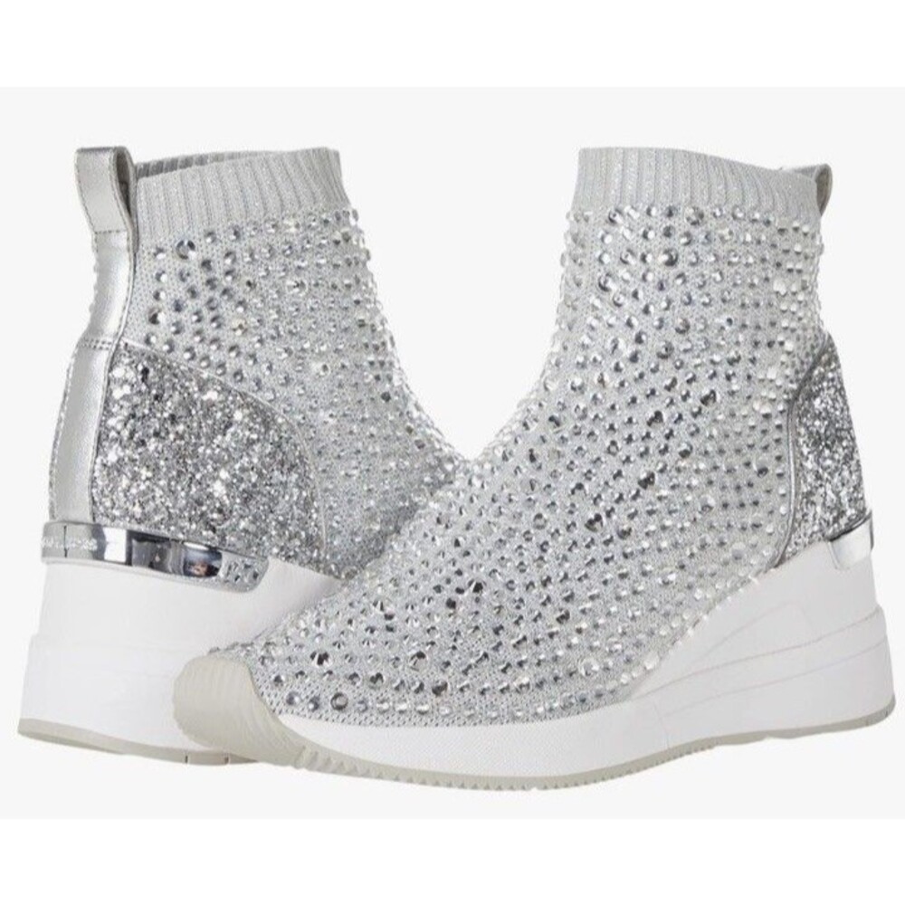 Michael Kors Skyler Bootie Silver Rhinestone Crystal Sneaker Platform Pull On 6